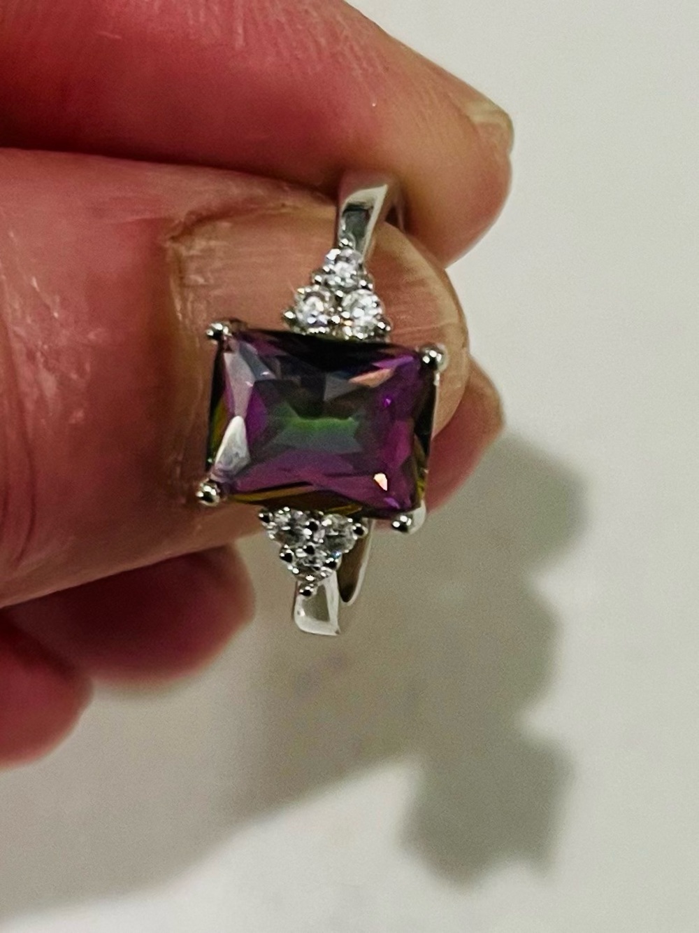 Vintage 925 Sterling Mystic Topaz Ring Trillion CZ Accents Sz 7
